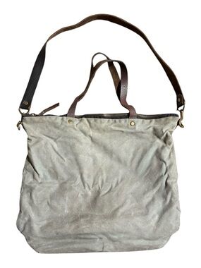 BooKhou Waxed Canvas and Leather Tote Bag in Taupe with Brown Straps